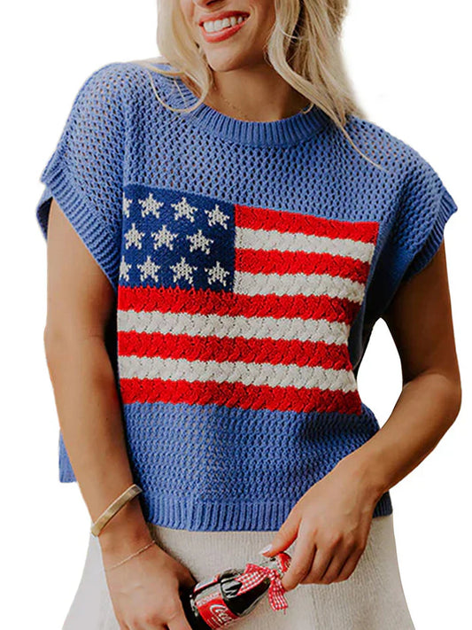 🔥Limited time sale🎉Flag Graphic Short Sleeve Hollow Out Top