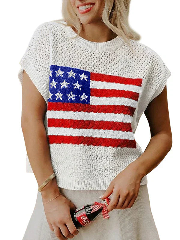 🔥Limited time sale🎉Flag Graphic Short Sleeve Hollow Out Top