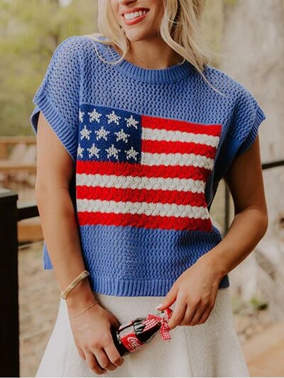 🔥Limited time sale🎉Flag Graphic Short Sleeve Hollow Out Top