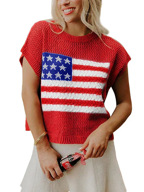 🔥Limited time sale🎉Flag Graphic Short Sleeve Hollow Out Top