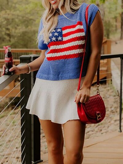🔥Limited time sale🎉Flag Graphic Short Sleeve Hollow Out Top